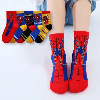 5 parova/compl., Nova Slatka pamučni dječji čarape s Uzorkom spider-man iz Anime Disney, jesen-Zima, Prosječna Cijev, Model s likovima iz crtića, po cijeloj površini
