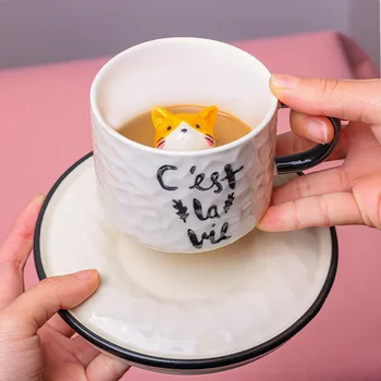 3D Mačka Keramičke Kava Bubalo Sa Ladicu Šalice Za Čaj S Mlijekom Ručka Porculan demitasse Novost Šalice Za Doručak Pokloni Za Rođendan