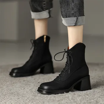 Novost 2022 godine; jesensko-zimske čizme; Ženske cipele na visoku petu s trga vrhom; Svakodnevni Ženske cipele na platformu sa uvezivanje; kratke Čizme