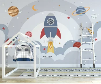 Tapete Nordijsko moderna ručno oslikana crtani svemir svemirski planet raketa dječja soba pozadina Ukrasne s javnošću