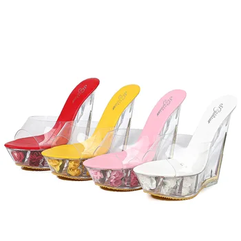 Kvalitetna Ženska obuća, Ljeto japanke s prozirnim kristalima, Modeliranje svadbene cipele za modnu Pistu na visoku petu 15 cm, cipele na танкетке