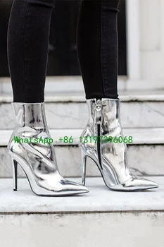 Ženske srebrne cipele od lakirane kože s oštrim vrhom, metalne cipele na zatvarač sa strane, casual čizme, cipele za stranke, klasične cipele