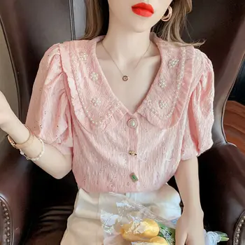 Korejski Bluze Mujer, Slatka Slobodna Košulja, Ženska Odjeća, Расшитая Perle, Ovratnik 